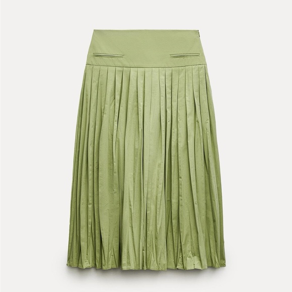 Zara Cotton Pleated Midi Skirt Mid Waist Yoke Detail at waist ZW Green XS NWT - Picture 2 of 16
